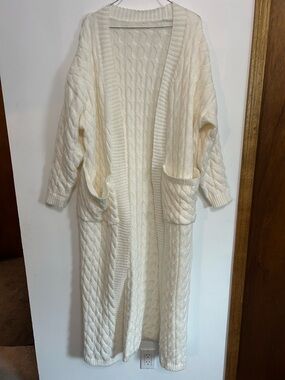 Cream Cable Knit Open-Front Long Cardigan Sweater